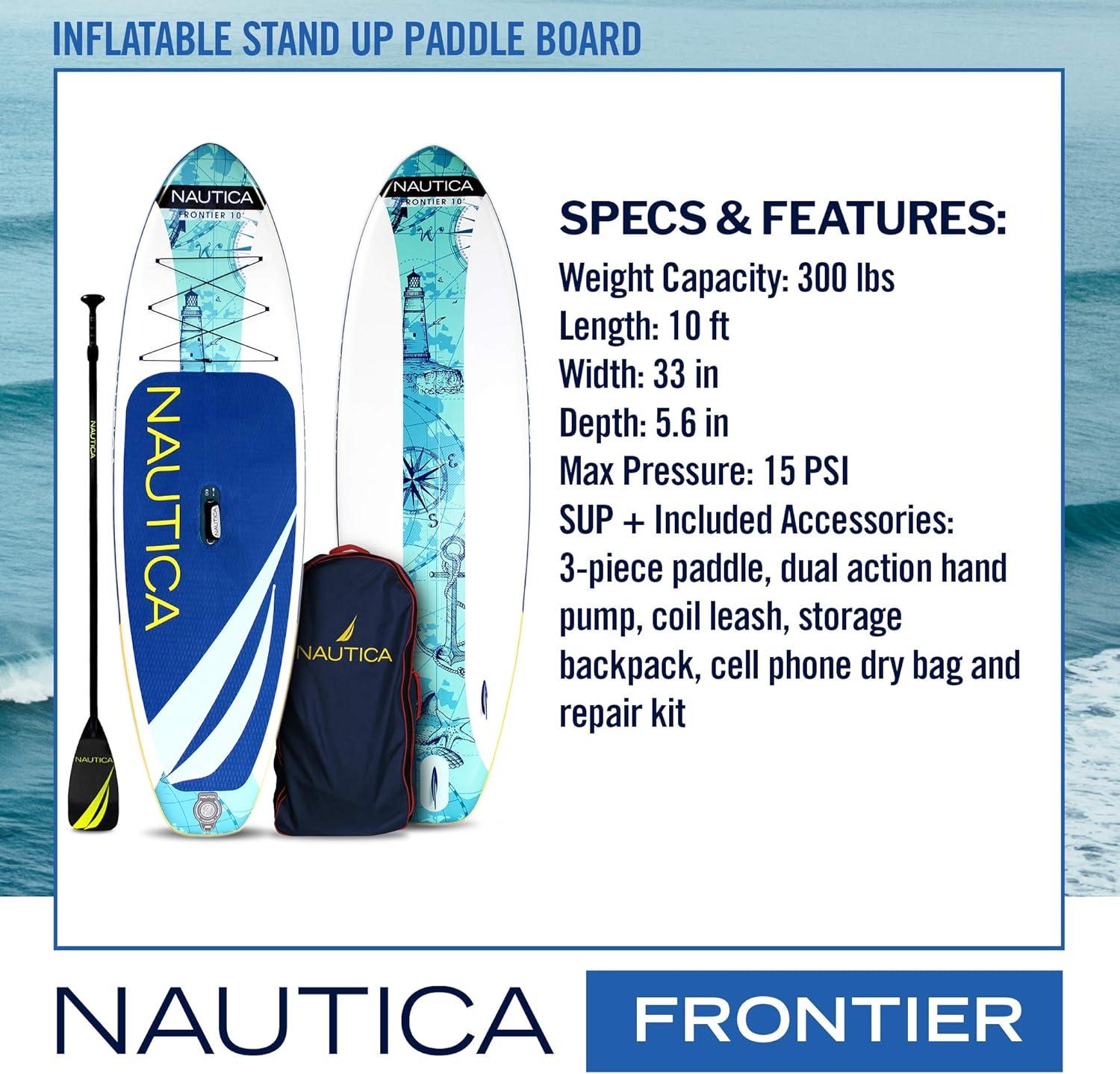 imageInflatable Paddle Board Nautica Frontier 10  Portable Paddle Board Package with Inflatable SUP Board  Paddle  Hand Pump  Ankle Leash  Dry Pouch  Repair Kit  and Storage Backpack Inflatable Paddle Boards for Adults