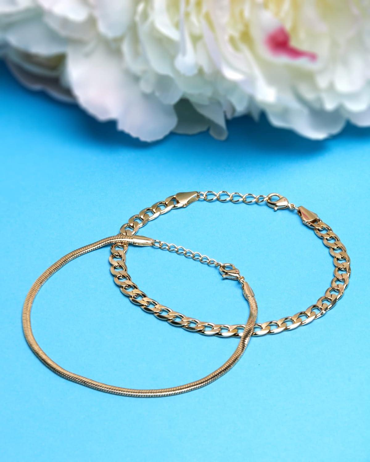 imageNautica 14K Gold Plated Brass Anklet  Double Row Layered Chain Anklet for WomenCurbSnake