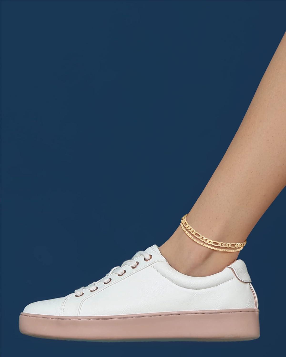 imageNautica 14K Gold Plated Brass Anklet  Double Row Layered Chain Anklet for WomenFigaroPopcorn