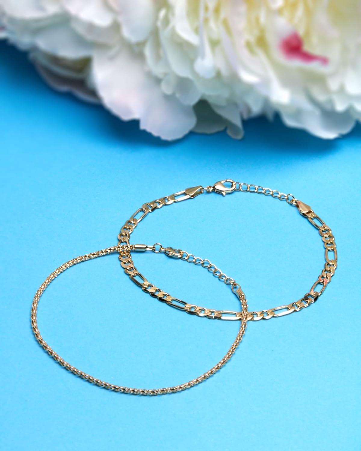 imageNautica 14K Gold Plated Brass Anklet  Double Row Layered Chain Anklet for WomenFigaroPopcorn