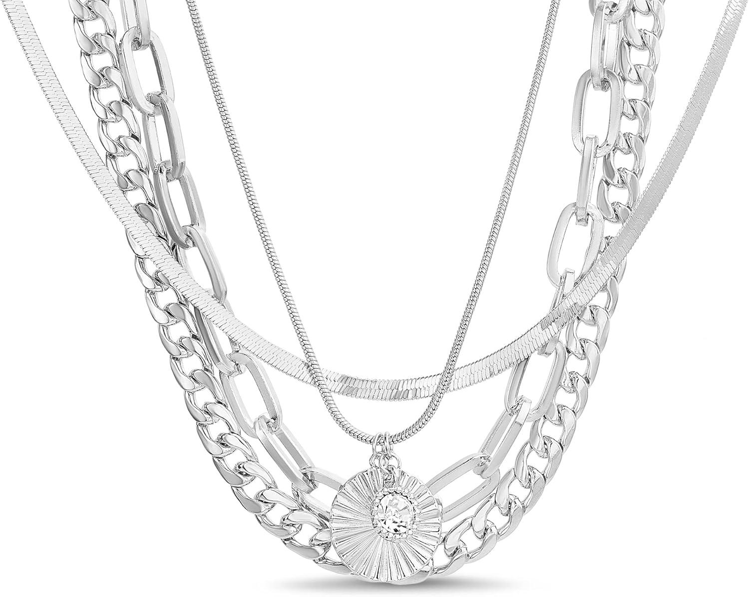 imageNautica 14K Gold Plated Brass Necklace  Four Row Layered Pendant Chain Necklace for Women White With Stone