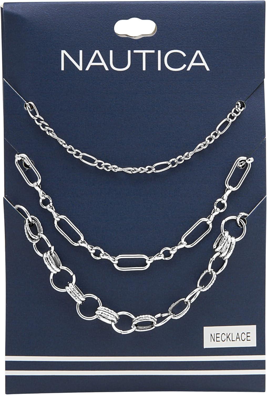 imageNautica 14K Gold Plated Brass Necklace  Three Row Layered Statement Chain Necklace for Women Silver Tone