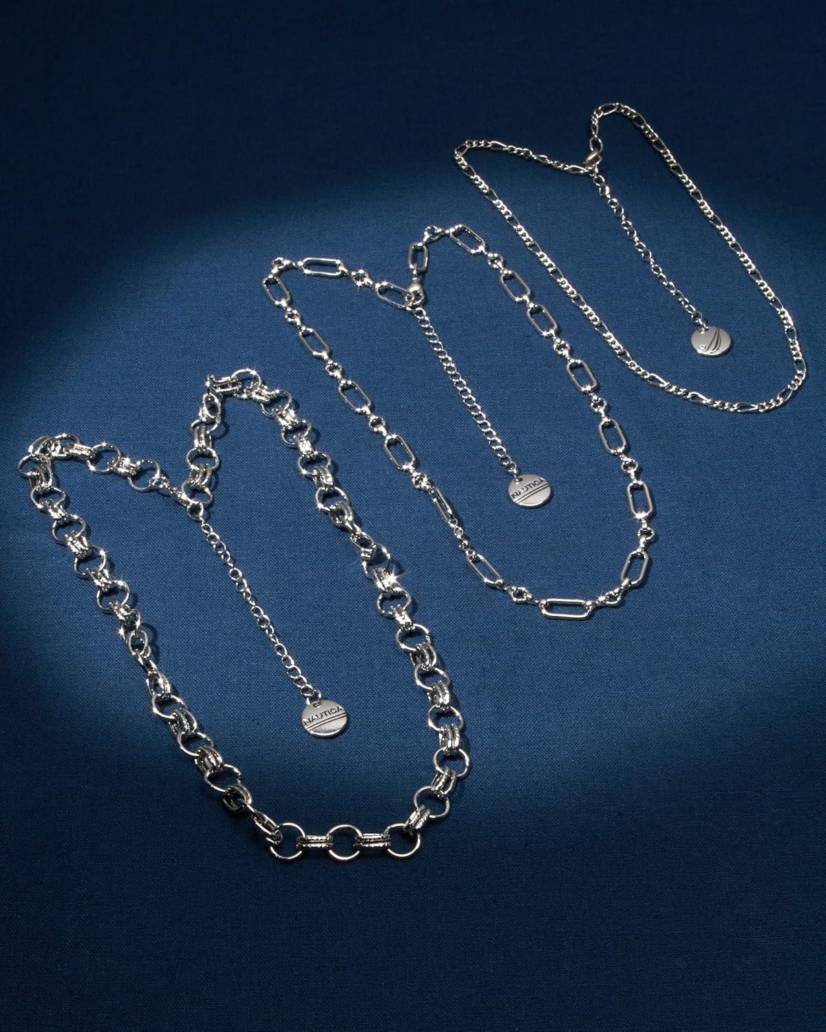 imageNautica 14K Gold Plated Brass Necklace  Three Row Layered Statement Chain Necklace for Women Silver Tone