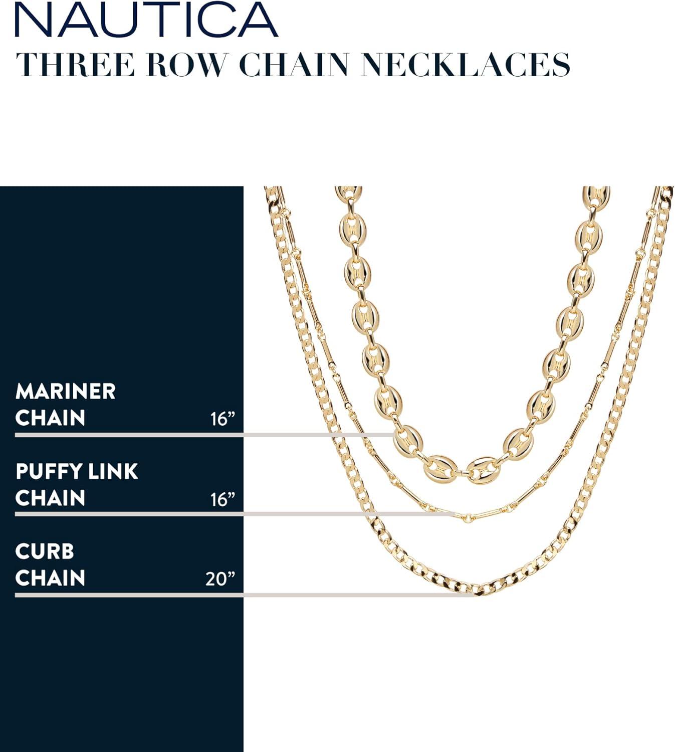 imageNautica 14K Gold Plated Brass Necklace  Three Row Layered Statement Chain Necklace for Women Yellow Puffy LinkCurb Chain