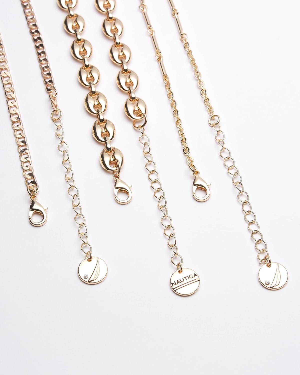 imageNautica 14K Gold Plated Brass Necklace  Three Row Layered Statement Chain Necklace for Women Yellow Puffy LinkCurb Chain