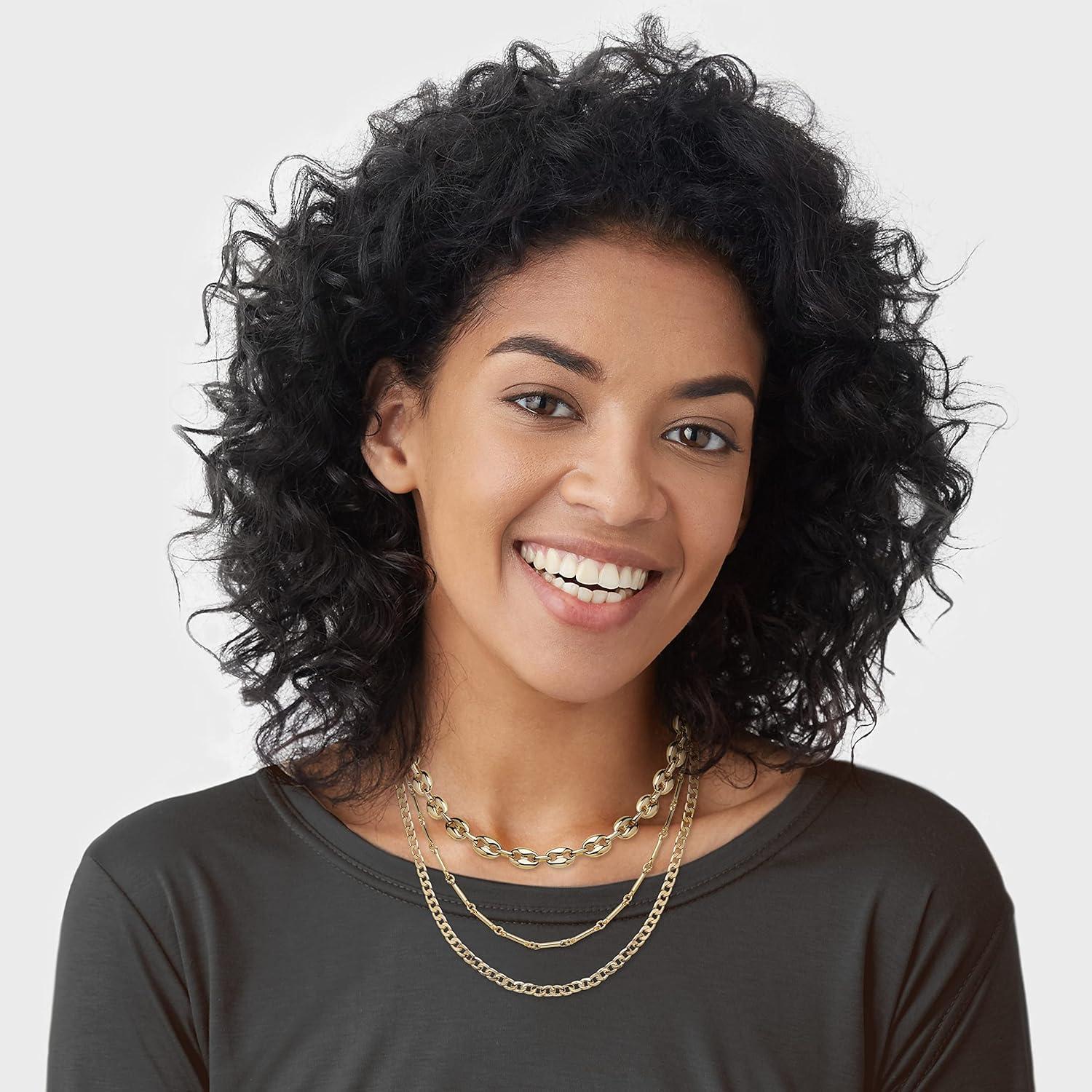 imageNautica 14K Gold Plated Brass Necklace  Three Row Layered Statement Chain Necklace for Women Yellow Puffy LinkCurb Chain