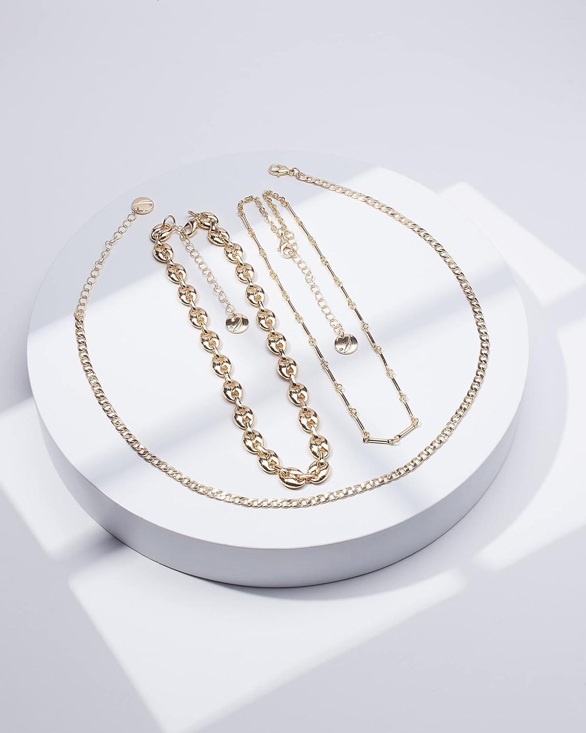 imageNautica 14K Gold Plated Brass Necklace  Three Row Layered Statement Chain Necklace for Women Yellow Puffy LinkCurb Chain