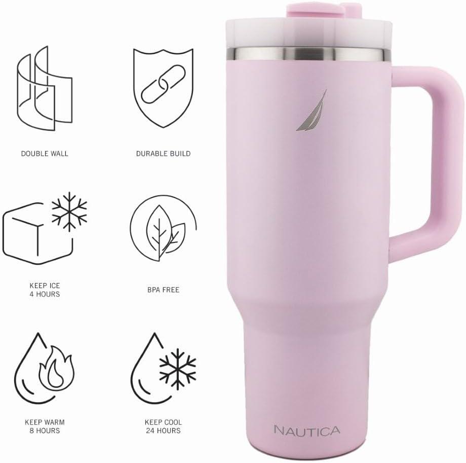 imageNautica 40 oz Large Insulated Tumbler with Handle ampamp Straw with screw on cap Reusable Water Bottle Stainless Steel Travel Mug for Hot Cold or Iced Drink BPAFree Fits Car Cup Holders Light BluePink