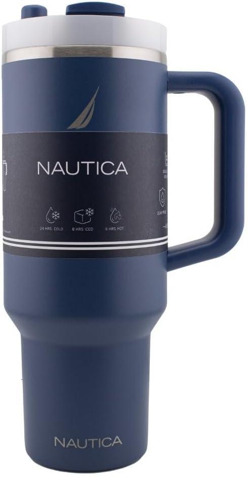 imageNautica 40 oz Large Insulated Tumbler with Handle ampamp Straw with screw on cap Reusable Water Bottle Stainless Steel Travel Mug for Hot Cold or Iced Drink BPAFree Fits Car Cup Holders Light BlueNavy