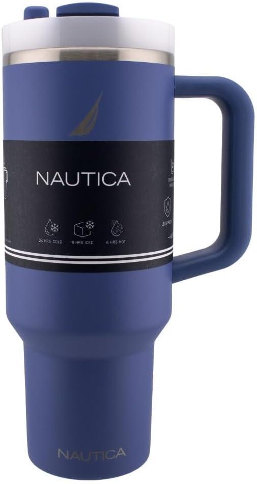 imageNautica 40 oz Large Insulated Tumbler with Handle ampamp Straw with screw on cap Reusable Water Bottle Stainless Steel Travel Mug for Hot Cold or Iced Drink BPAFree Fits Car Cup Holders Light BlueNova Blue