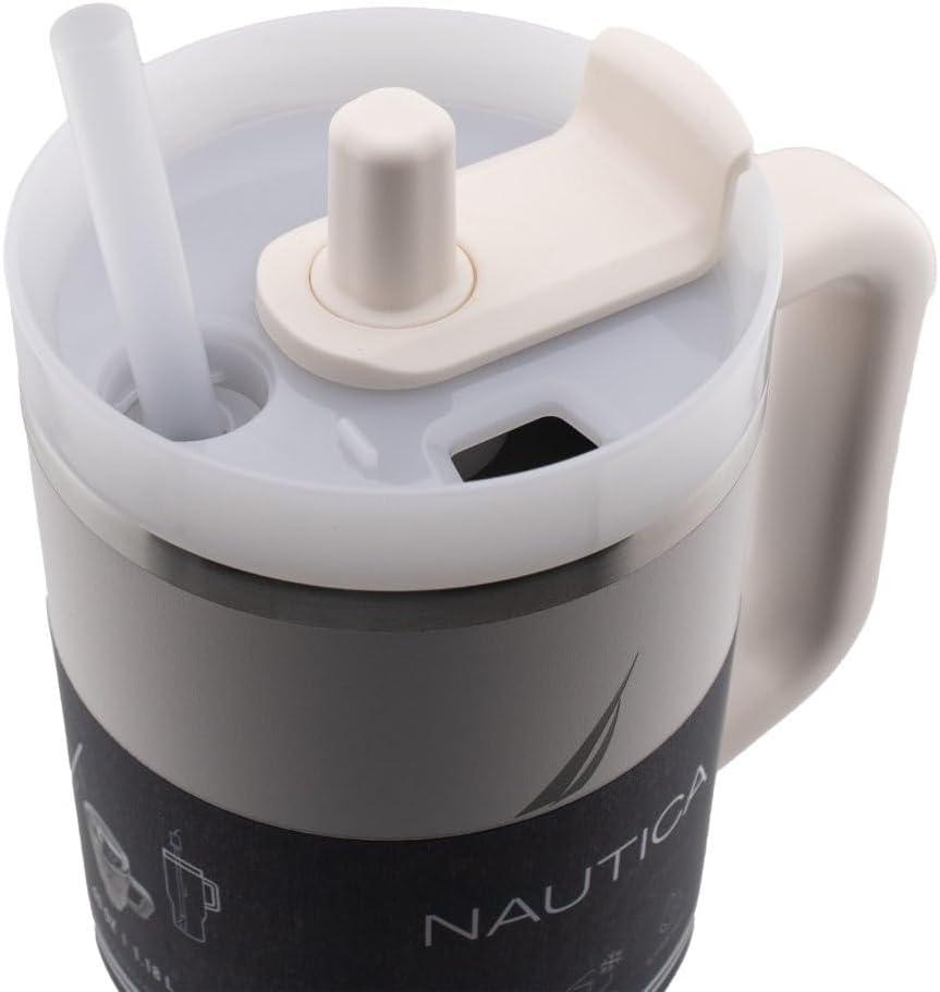 imageNautica 40 oz Large Insulated Tumbler with Handle ampamp Straw with screw on cap Reusable Water Bottle Stainless Steel Travel Mug for Hot Cold or Iced Drink BPAFree Fits Car Cup Holders Light BlueCream