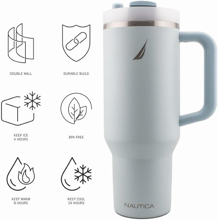 imageNautica 40 oz Large Insulated Tumbler with Handle ampamp Straw with screw on cap Reusable Water Bottle Stainless Steel Travel Mug for Hot Cold or Iced Drink BPAFree Fits Car Cup Holders Light BlueLight Blue