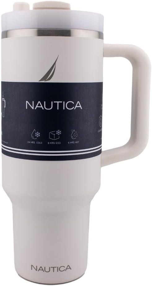 imageNautica 40 oz Large Insulated Tumbler with Handle ampamp Straw with screw on cap Reusable Water Bottle Stainless Steel Travel Mug for Hot Cold or Iced Drink BPAFree Fits Car Cup Holders Light BlueCream