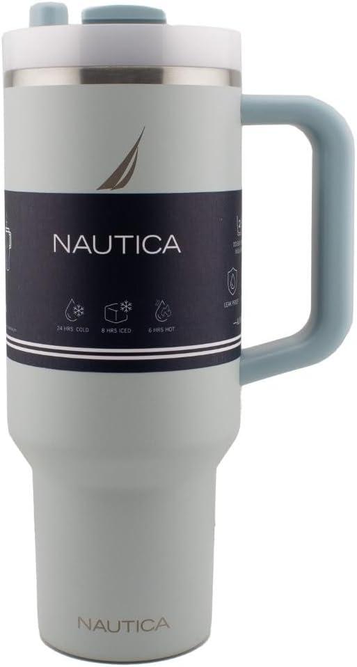 imageNautica 40 oz Large Insulated Tumbler with Handle ampamp Straw with screw on cap Reusable Water Bottle Stainless Steel Travel Mug for Hot Cold or Iced Drink BPAFree Fits Car Cup Holders Light BlueLight Blue