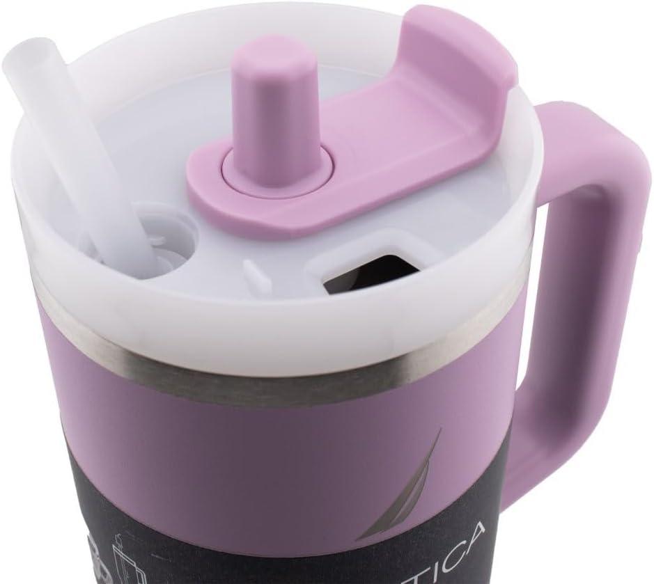 imageNautica 40 oz Large Insulated Tumbler with Handle ampamp Straw with screw on cap Reusable Water Bottle Stainless Steel Travel Mug for Hot Cold or Iced Drink BPAFree Fits Car Cup Holders Light BlueViolet