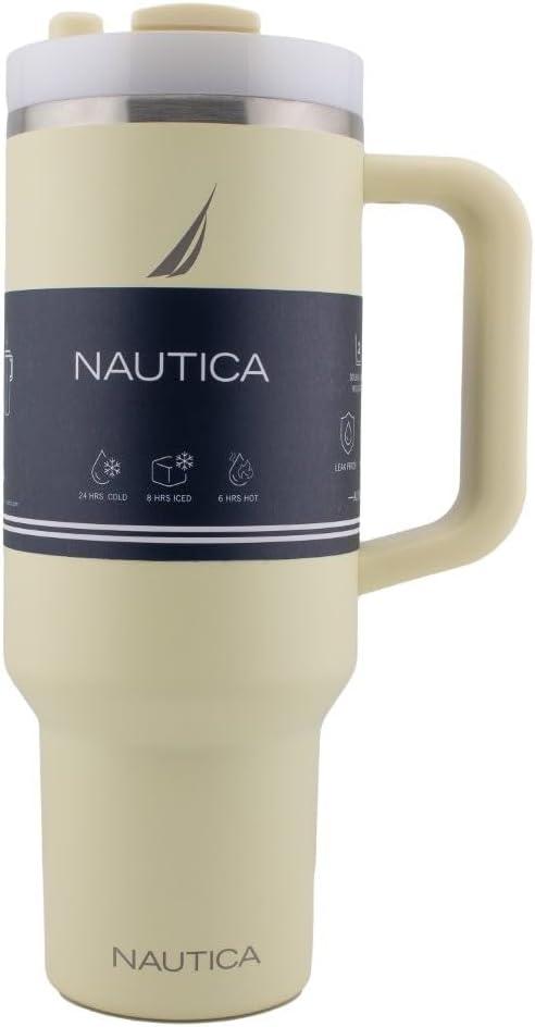 imageNautica 40 oz Large Insulated Tumbler with Handle ampamp Straw with screw on cap Reusable Water Bottle Stainless Steel Travel Mug for Hot Cold or Iced Drink BPAFree Fits Car Cup Holders Light BlueLight Yellow