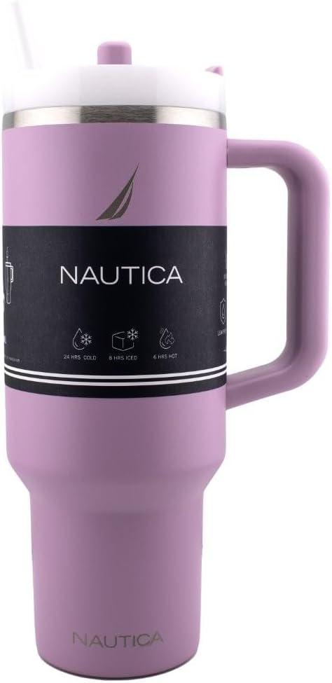 imageNautica 40 oz Large Insulated Tumbler with Handle ampamp Straw with screw on cap Reusable Water Bottle Stainless Steel Travel Mug for Hot Cold or Iced Drink BPAFree Fits Car Cup Holders Light BlueViolet