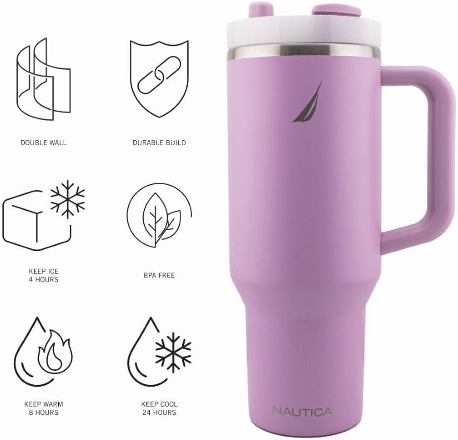 imageNautica 40 oz Large Insulated Tumbler with Handle ampamp Straw with screw on cap Reusable Water Bottle Stainless Steel Travel Mug for Hot Cold or Iced Drink BPAFree Fits Car Cup Holders Light BlueViolet