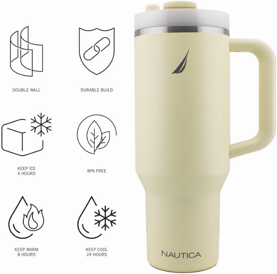 imageNautica 40 oz Large Insulated Tumbler with Handle ampamp Straw with screw on cap Reusable Water Bottle Stainless Steel Travel Mug for Hot Cold or Iced Drink BPAFree Fits Car Cup Holders Light BlueLight Yellow