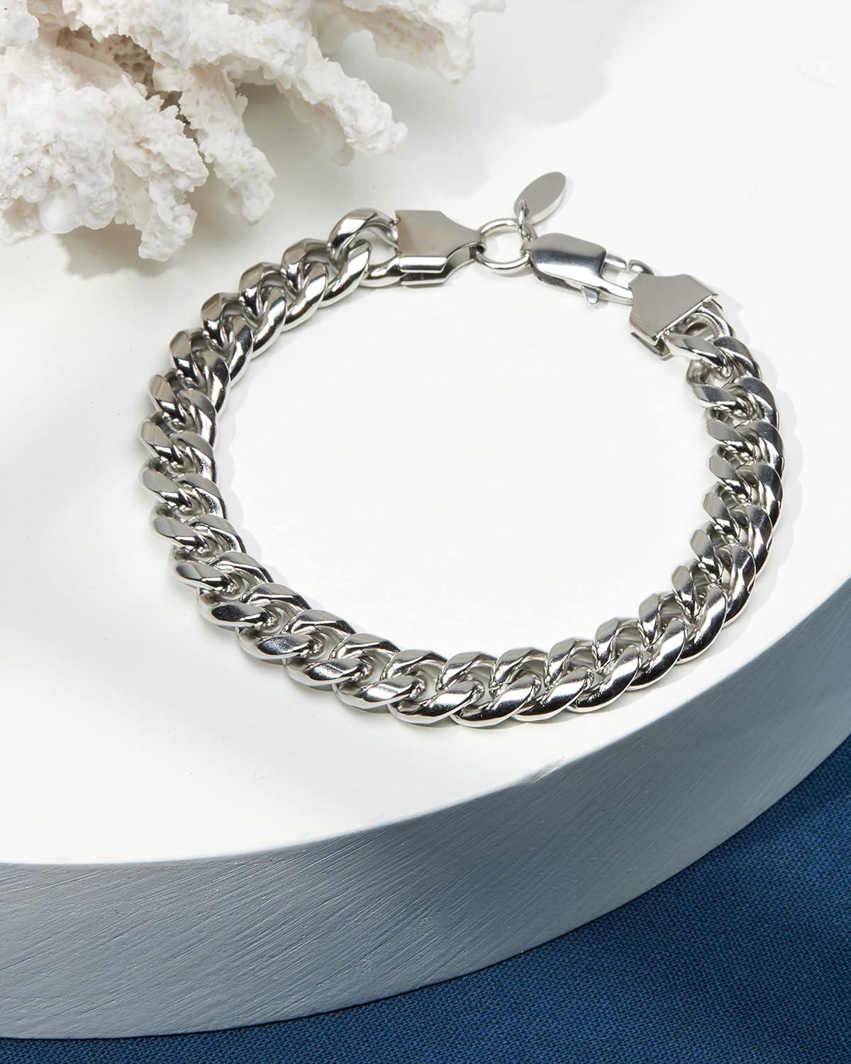 imageNautica Mens Bracelet  Stainless Steel Miami Cuban Flat Link Chain Bracelet10 MM
