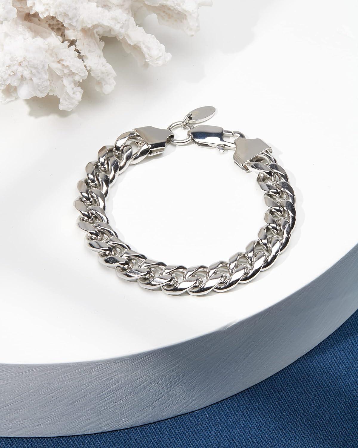imageNautica Mens Bracelet  Stainless Steel Miami Cuban Flat Link Chain Bracelet10 MM