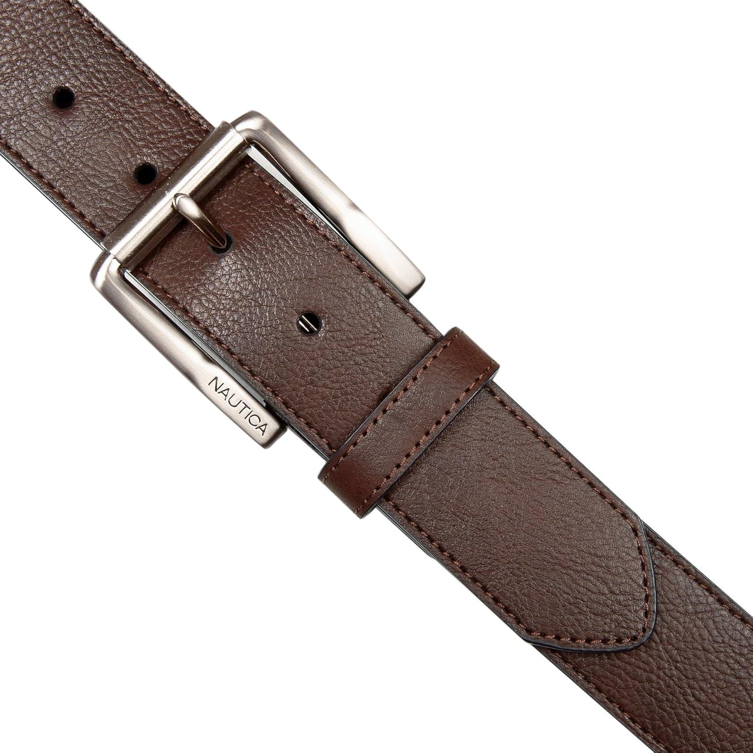 imageNautica Mens Signature Leather and Canvas Belt  Ribbon Detail  Flag Design  Classic  Casual  Metal BuckleEmbossed Logo  Brown
