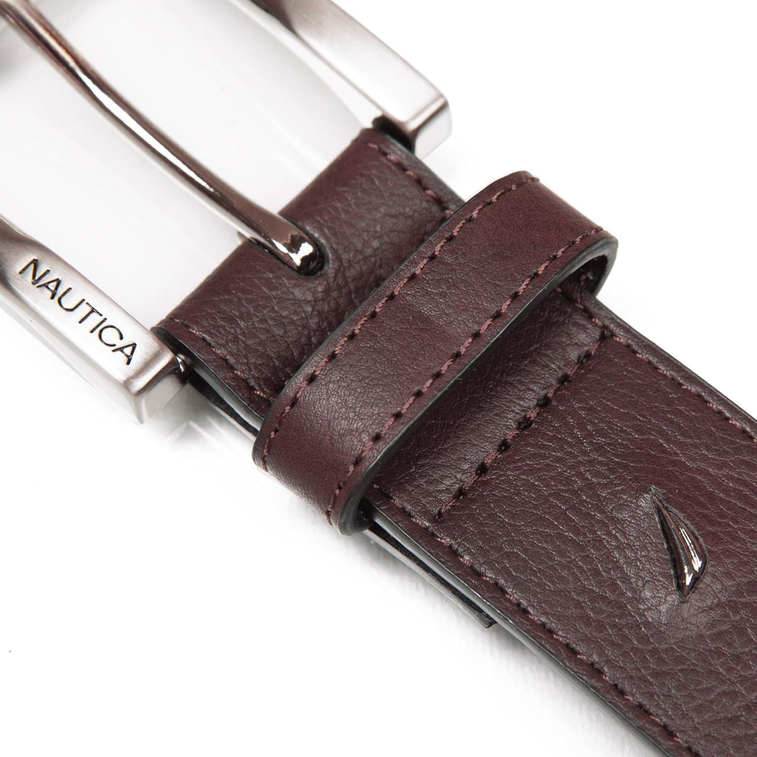 imageNautica Mens Signature Leather and Canvas Belt  Ribbon Detail  Flag Design  Classic  Casual  Metal BuckleEmbossed Logo  Brown