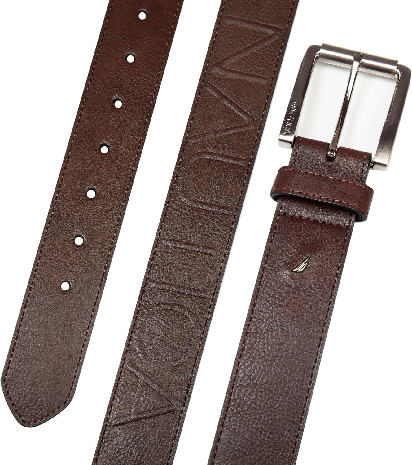 imageNautica Mens Signature Leather and Canvas Belt  Ribbon Detail  Flag Design  Classic  Casual  Metal BuckleEmbossed Logo  Brown