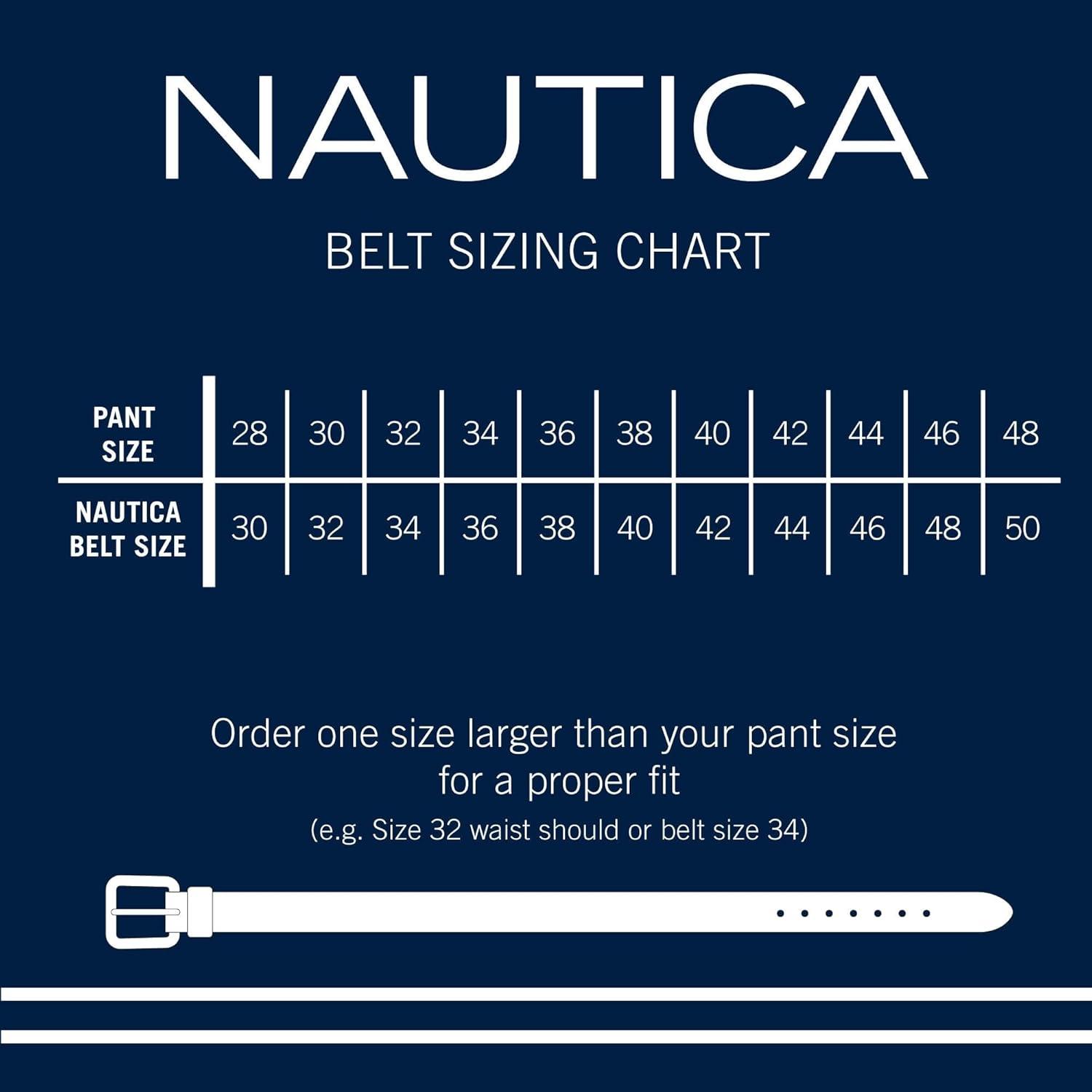 imageNautica Mens Signature Leather and Canvas Belt  Ribbon Detail  Flag Design  Classic  Casual  Metal BuckleEmbossed Logo  Brown