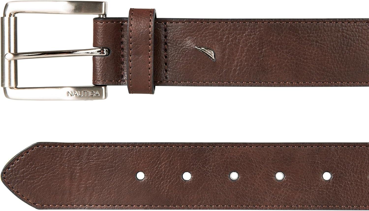 imageNautica Mens Signature Leather and Canvas Belt  Ribbon Detail  Flag Design  Classic  Casual  Metal BuckleEmbossed Logo  Brown