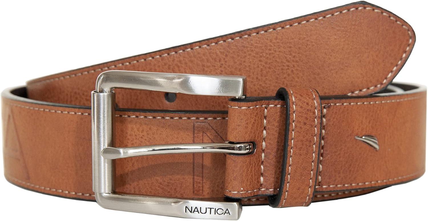 imageNautica Mens Signature Leather and Canvas Belt  Ribbon Detail  Flag Design  Classic  Casual  Metal BuckleEmbossed Logo  Tan