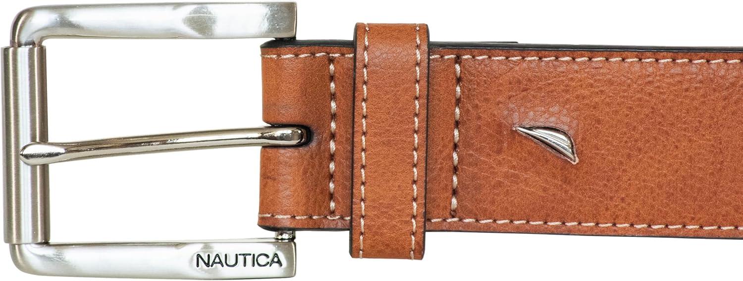 imageNautica Mens Signature Leather and Canvas Belt  Ribbon Detail  Flag Design  Classic  Casual  Metal BuckleEmbossed Logo  Tan