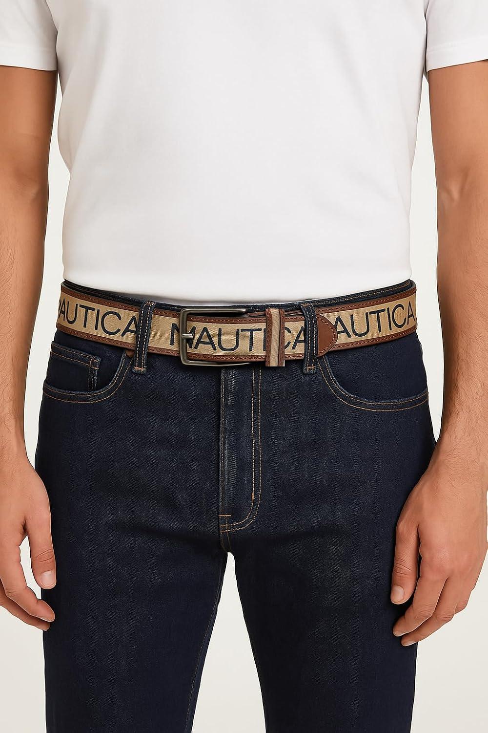 imageNautica Mens Signature Leather and Canvas Belt  Ribbon Detail  Flag Design  Classic  Casual  Metal BuckleSignature Logo  Beige