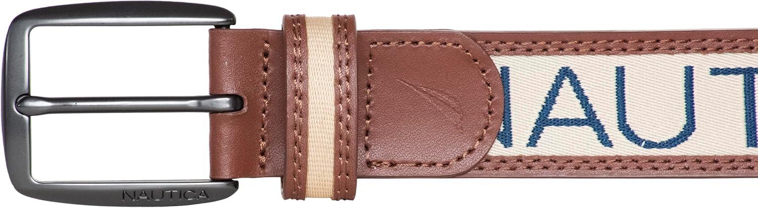 imageNautica Mens Signature Leather and Canvas Belt  Ribbon Detail  Flag Design  Classic  Casual  Metal BuckleSignature Logo  Beige