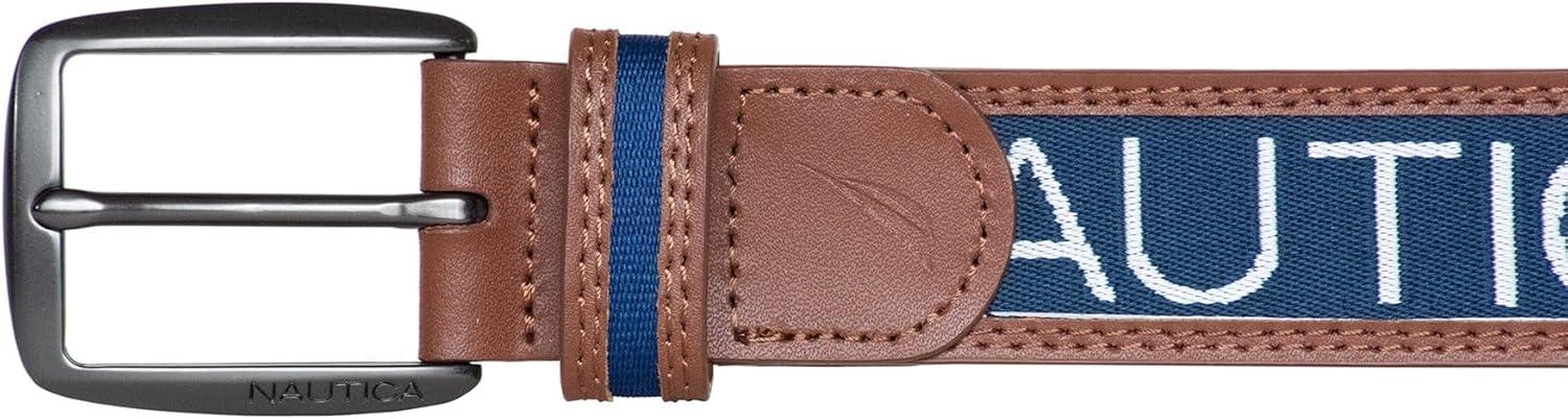 imageNautica Mens Signature Leather and Canvas Belt  Ribbon Detail  Flag Design  Classic  Casual  Metal BuckleSignature Logo  Navy