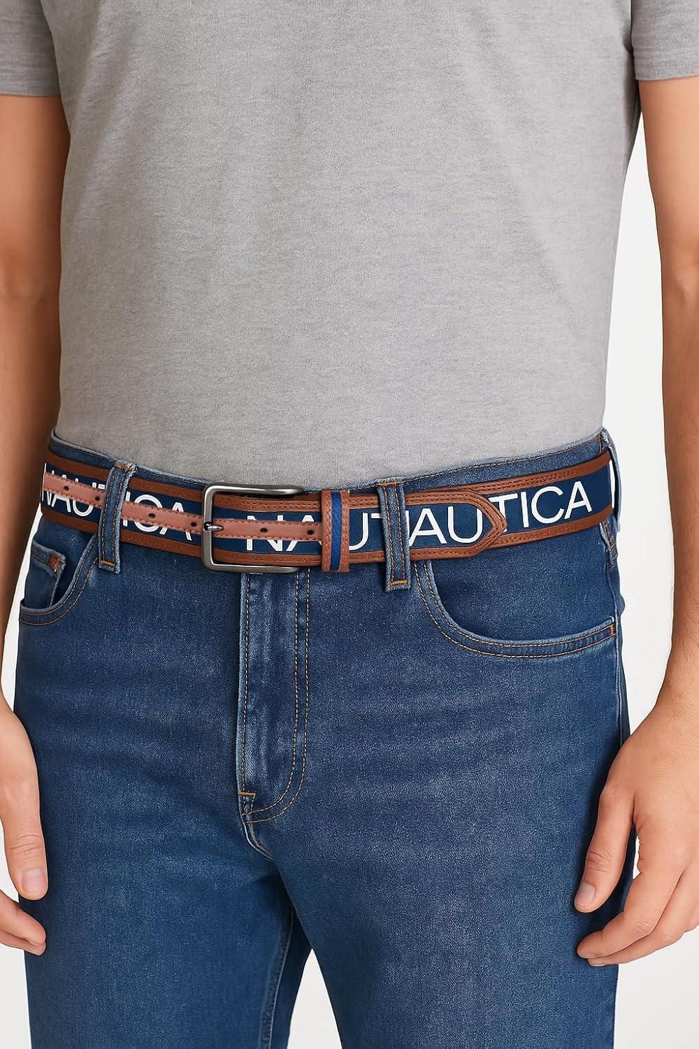 imageNautica Mens Signature Leather and Canvas Belt  Ribbon Detail  Flag Design  Classic  Casual  Metal BuckleSignature Logo  Navy