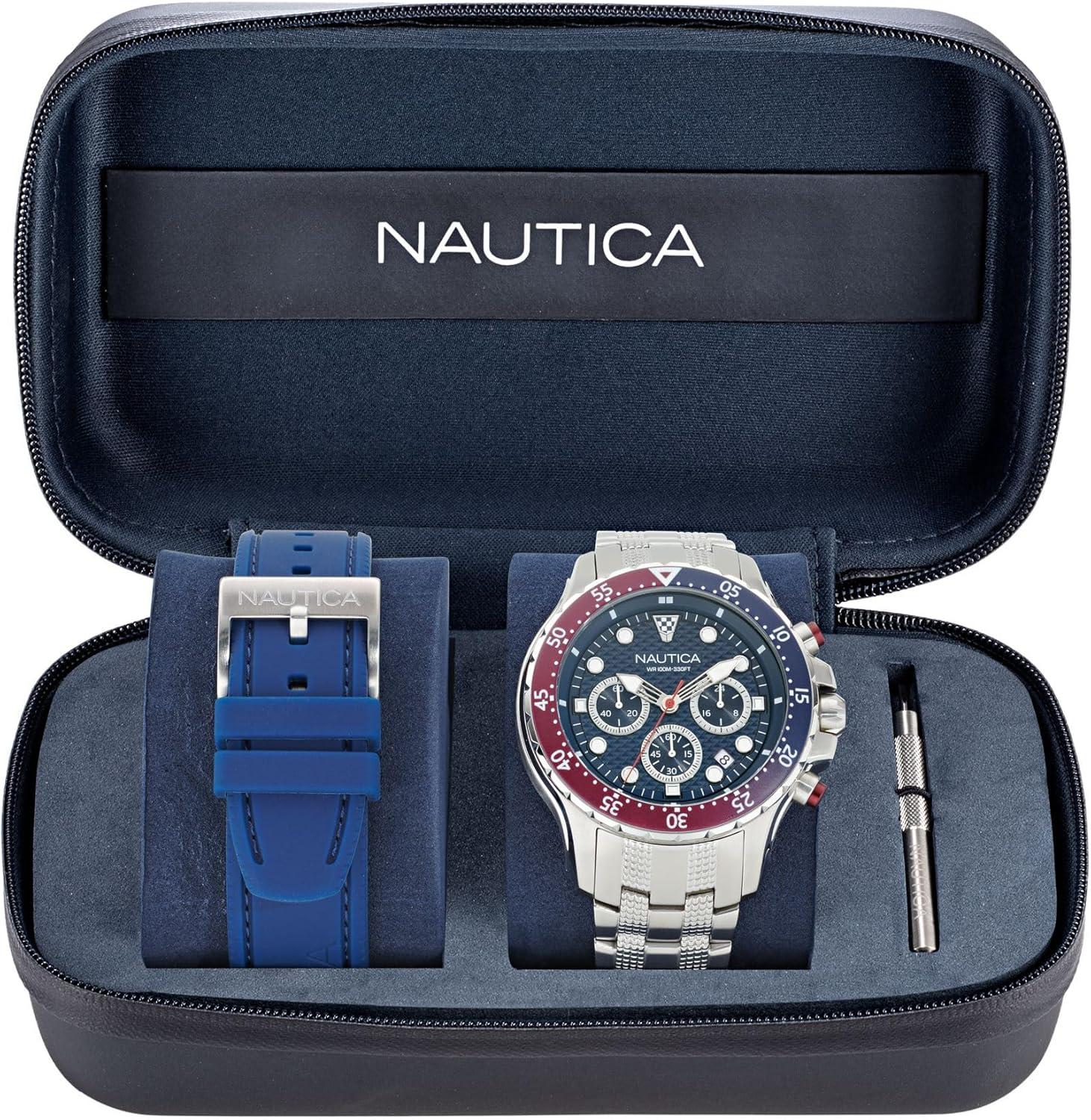 imageNautica NST Stainless Steel Bracelet ampamp Silicone Strap Watch Box Set