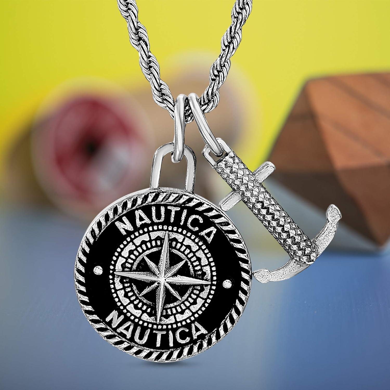 imageNautica Oxidized Stainless Steel Black Enamel Compass Anchor Rope Chain Necklace for Men