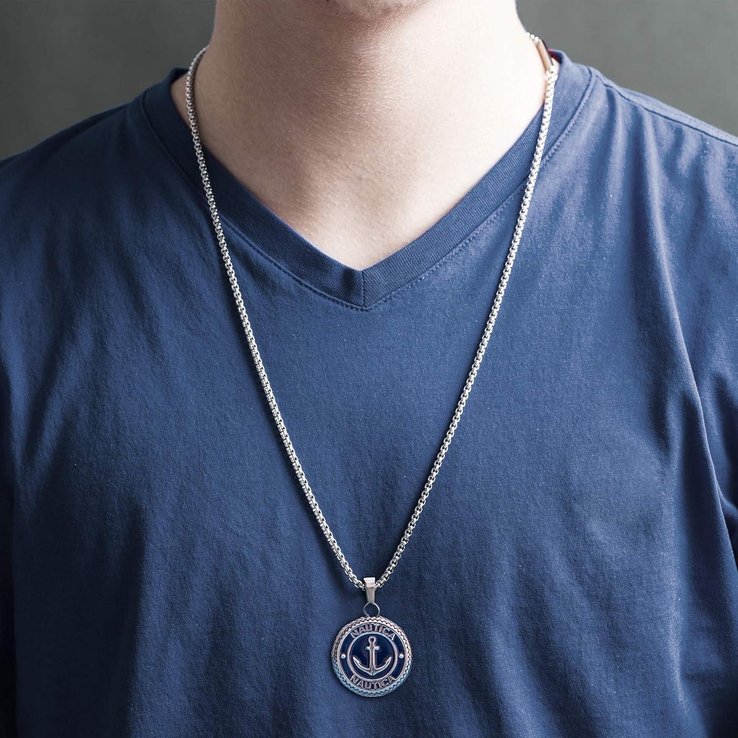 imageNautica Stainless Steel Blue Enamel Anchor Necklace for Men Blue