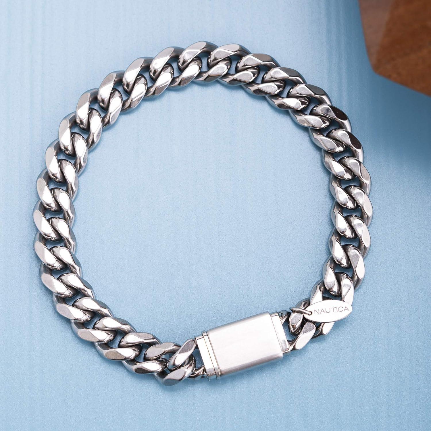imageNautica Stainless Steel Bracelet for Men 10mm Cuban Link Chain 85 Inch