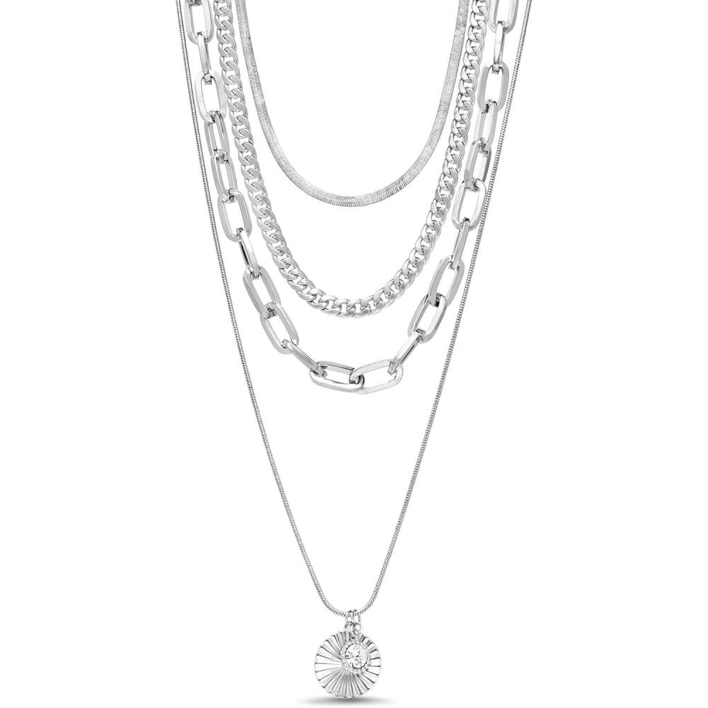 imageNautica 14K Gold Plated Brass Necklace  Four Row Layered Pendant Chain Necklace for Women White With Stone