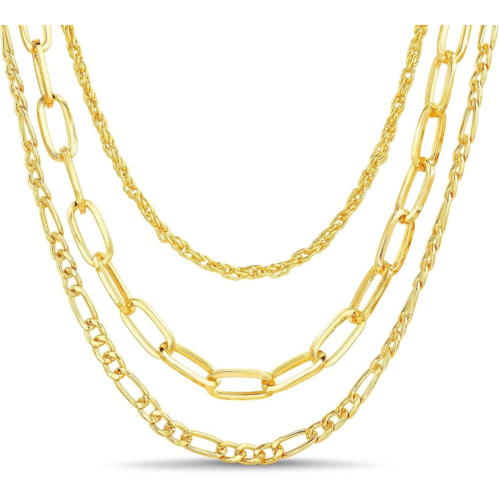 imageNautica 14K Gold Plated Brass Necklace  Three Row Layered Statement Chain Necklace for Women Gold Tone 2