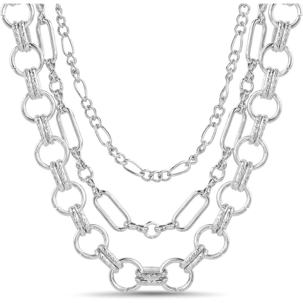 imageNautica 14K Gold Plated Brass Necklace  Three Row Layered Statement Chain Necklace for Women Silver Tone