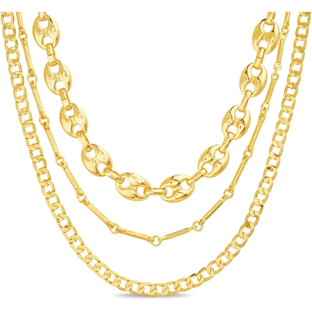 imageNautica 14K Gold Plated Brass Necklace  Three Row Layered Statement Chain Necklace for Women Yellow Puffy LinkCurb Chain