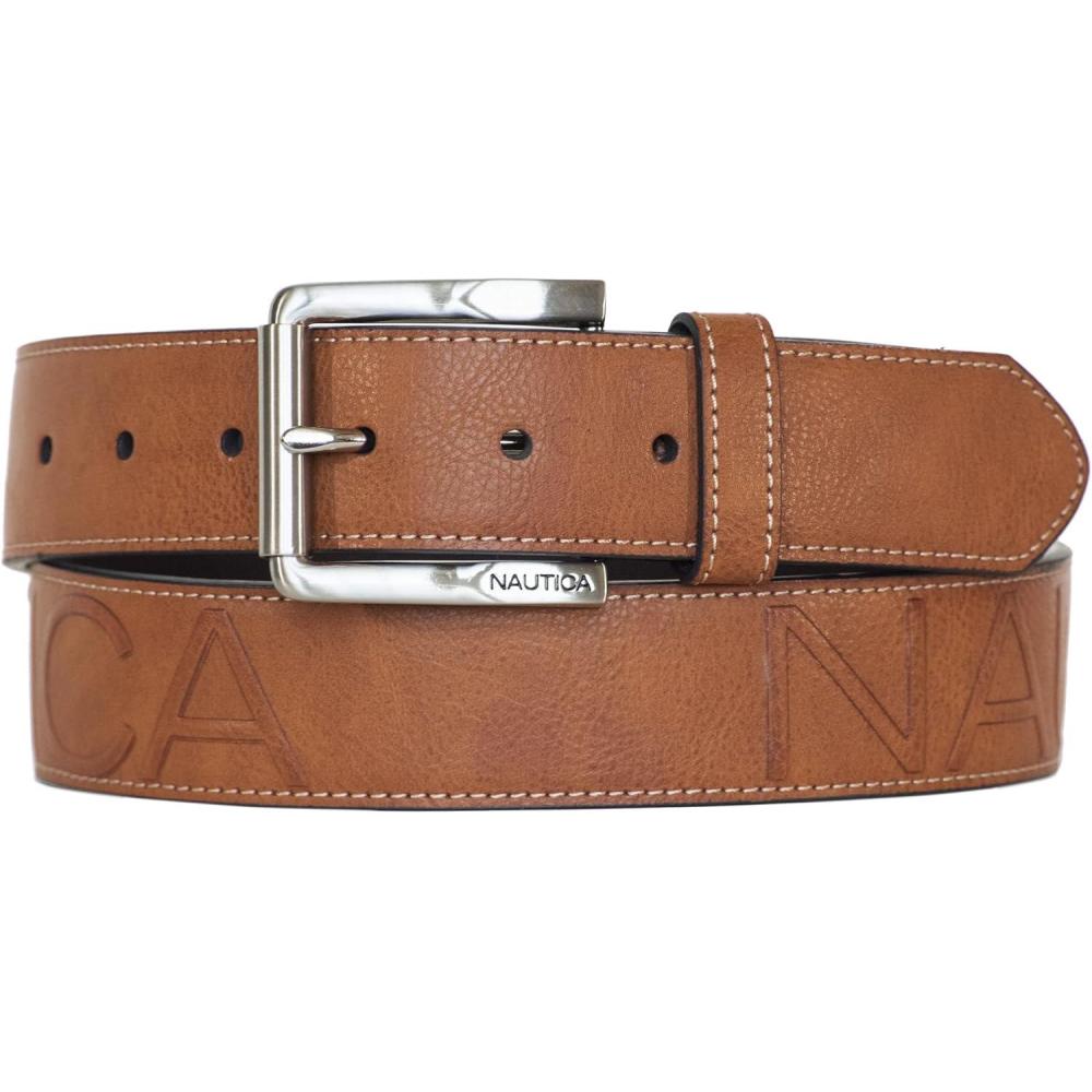 imageNautica Mens Signature Leather and Canvas Belt  Ribbon Detail  Flag Design  Classic  Casual  Metal BuckleEmbossed Logo  Tan