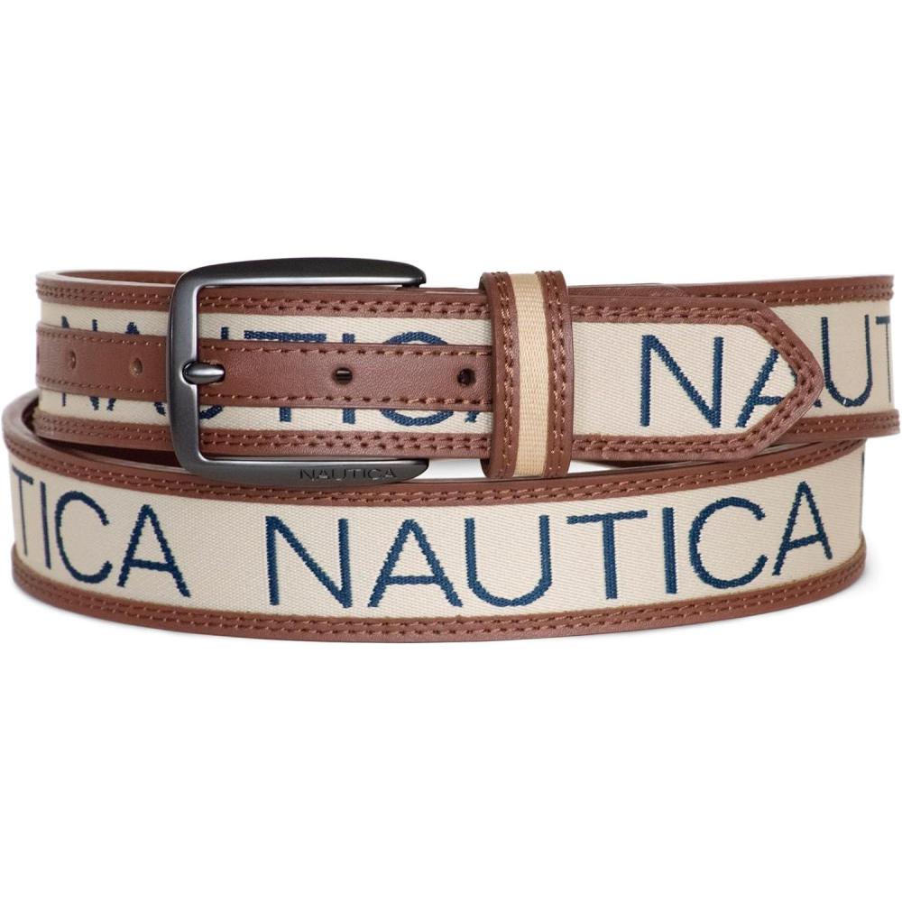imageNautica Mens Signature Leather and Canvas Belt  Ribbon Detail  Flag Design  Classic  Casual  Metal BuckleSignature Logo  Beige