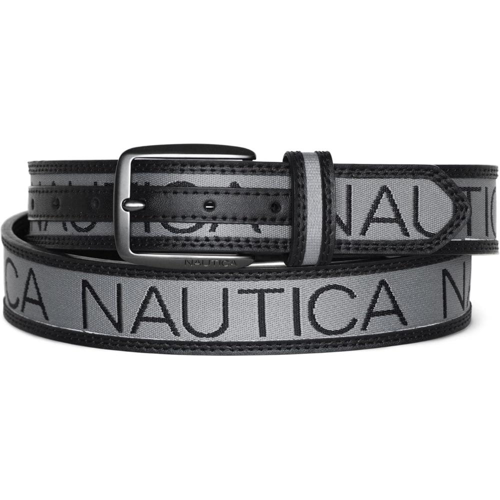 imageNautica Mens Signature Leather and Canvas Belt  Ribbon Detail  Flag Design  Classic  Casual  Metal BuckleSignature Logo  Grey
