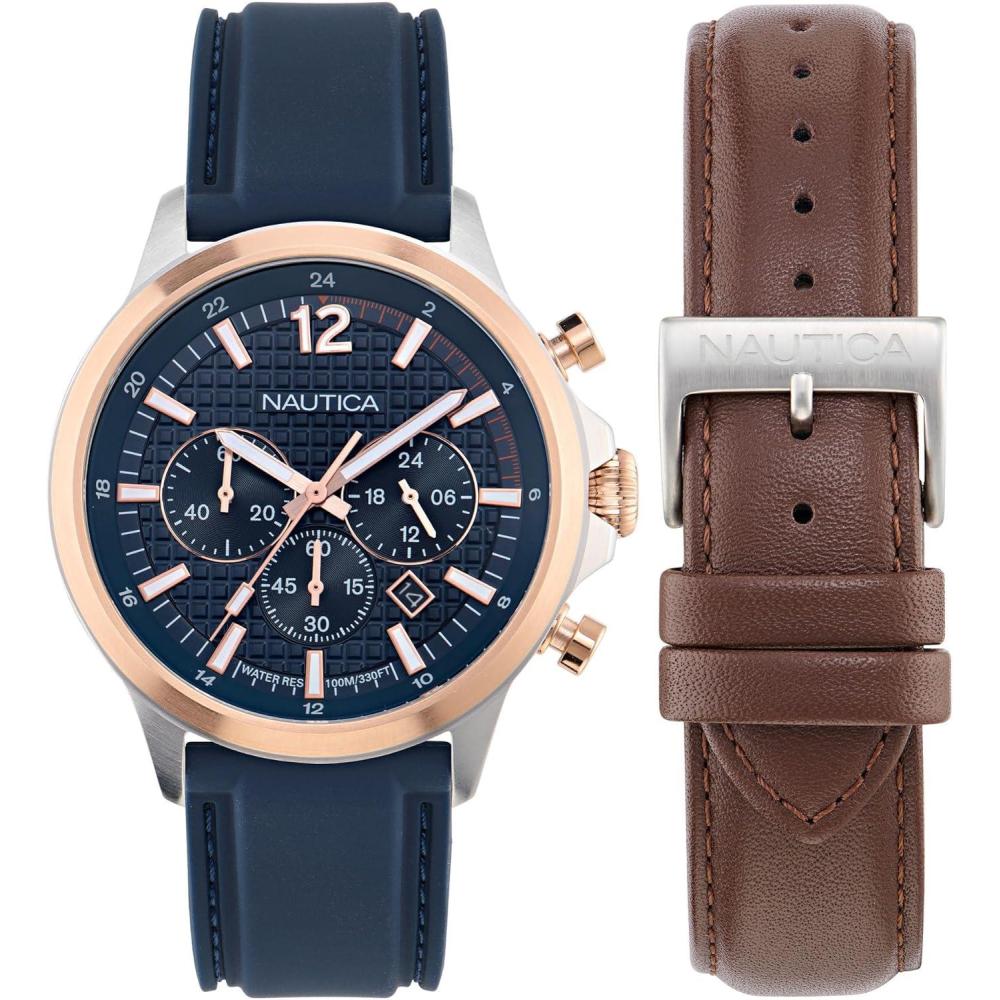 imageNautica NCT Blue Ocean Silicone ampamp Leather Strap Watch Box Set