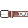 imageNautica Mens Signature Leather and Canvas Belt  Ribbon Detail  Flag Design  Classic  Casual  Metal BuckleSignature Logo  Beige