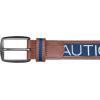 imageNautica Mens Signature Leather and Canvas Belt  Ribbon Detail  Flag Design  Classic  Casual  Metal BuckleSignature Logo  Navy